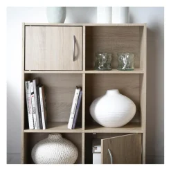 Meuble à 6 cases et 2 portes en bois beige