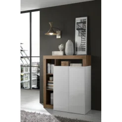 Meuble bar 2 portes blanc lacqué brillant bois mercure