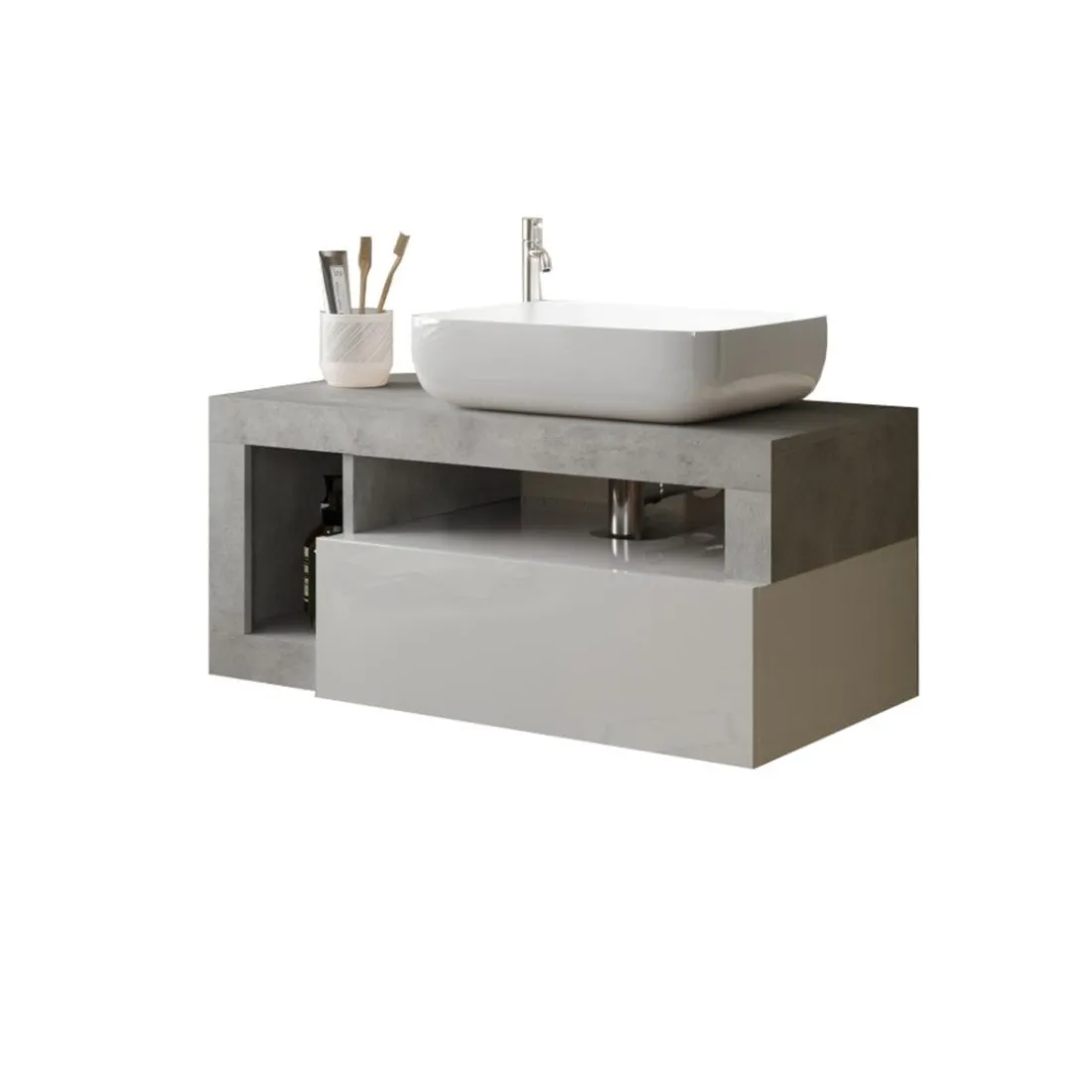 Meuble salle de bain suspendu Ancona coloris Béton 1 Tiroir et 2 niches vasque à poser 92 cm