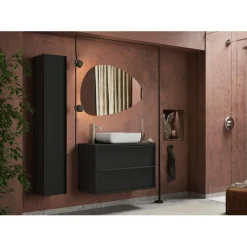 Meuble salle de bain suspendu coloris Frêne Noir 2 tiroirs + vasque à poser en céramique