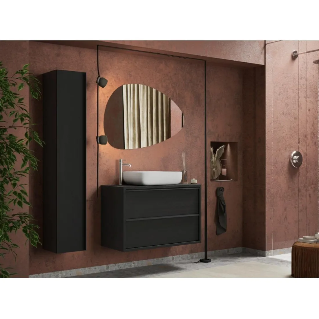 Meuble salle de bain suspendu coloris Frêne Noir 2 tiroirs + vasque à poser en céramique