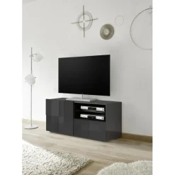 Meuble TV 1 porte et 1 tiroir DAMA laqué anthracite brillant
