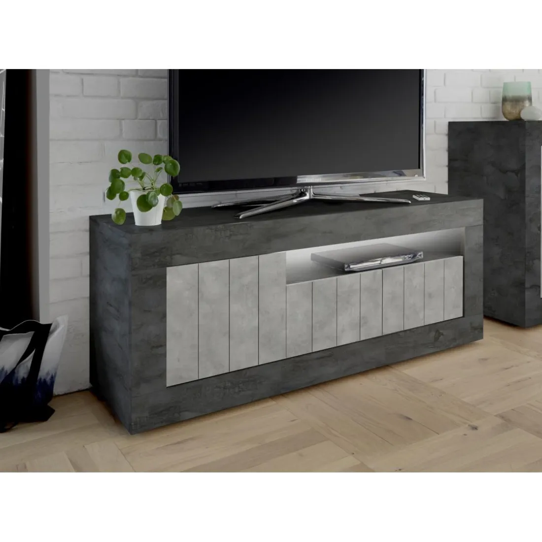 Meuble TV 3 portes battantes URBINO oxyde et cement