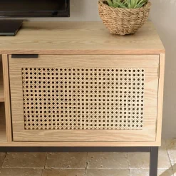 Meuble TV 2 portes cannage naturel pieds métal noir MARCEAU
