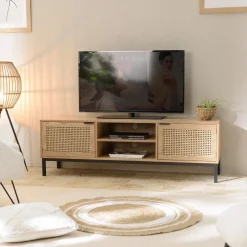 Meuble TV 2 portes cannage naturel pieds métal noir MARCEAU