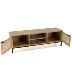 Meuble TV 2 portes cannage naturel pieds métal noir MARCEAU