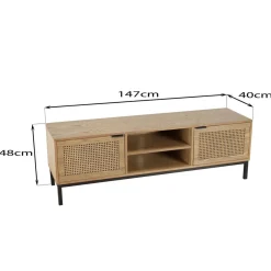 Meuble TV 2 portes cannage naturel pieds métal noir MARCEAU