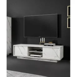 Meuble TV 2 portes CARRARA décor marbre blanc