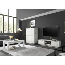Meuble TV 2 portes CARRARA décor marbre blanc