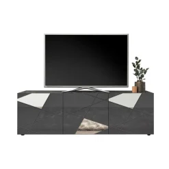 Meuble TV 3 portes gris laqué avec sérigraphie et miroir
