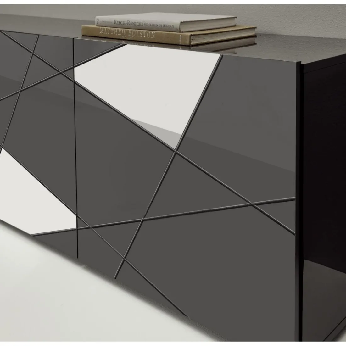 Meuble TV 3 portes gris laqué avec sérigraphie et miroir