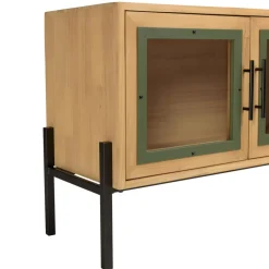 Meuble TV 4 portes vitrées encadrement vert pin et métal noir HELENA