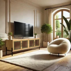 Meuble TV 4 portes vitrées encadrement vert pin et métal noir HELENA