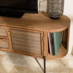 Meuble TV arrondi en bois de teck recyclé 2 portes 2 tiroirs