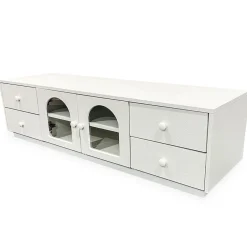 Meuble tv avec portes et tiroirs style naturel chic Volos Blanc texturé