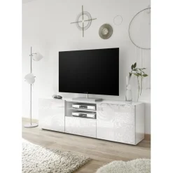 Meuble TV deux portes et 1 tiroir MIRO laqué blanc brillant