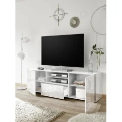 Meuble TV deux portes et 1 tiroir MIRO laqué blanc brillant