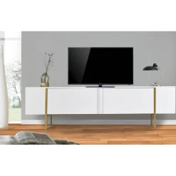 Meuble TV moderne avec 2 portes Valmain Blanc et Métal Or