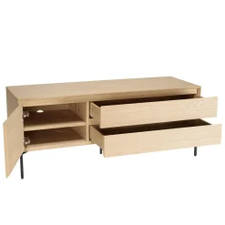 Meuble TV naturel 1 porte 2 tiroirs pieds métal noir MAXENDRE