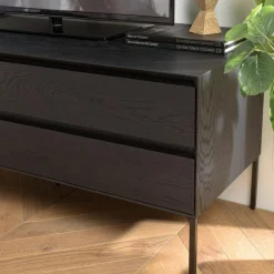 Meuble TV noir 1 porte 2 tiroirs pieds métal noir MAXENDRE