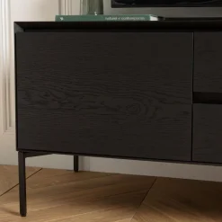 Meuble TV noir 1 porte 2 tiroirs pieds métal noir MAXENDRE