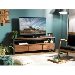 Meuble Tv SIXTINE 3 Tiroirs Et 1 Étagère Bois Teck Recyclé Et Métal