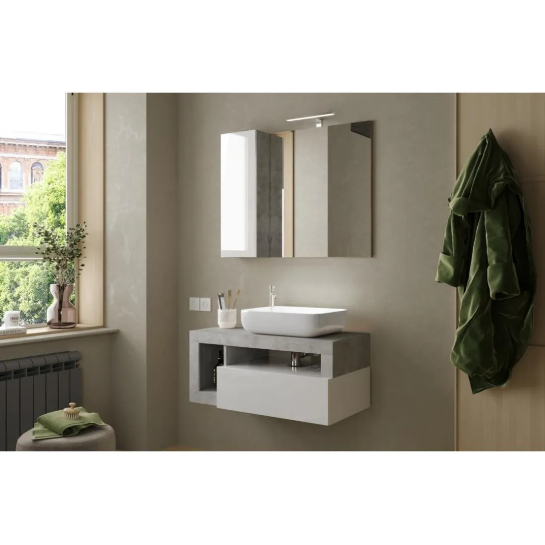 Miroir Led avec Colonne Integrée 1 Porte coloris Béton L92 cm