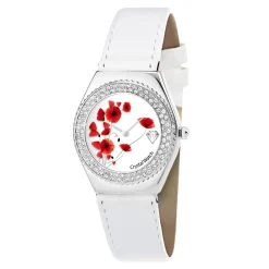 Montre Alysson Coquelicot blanche à mouvement tournant ornée de Cristaux scintillants