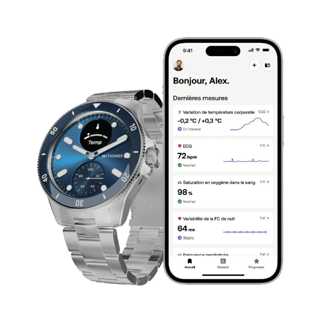 Montre de Santé Connectée Homme Withings Scanwatch Nova - Wsw N Blue Bracelet Acier Argent
