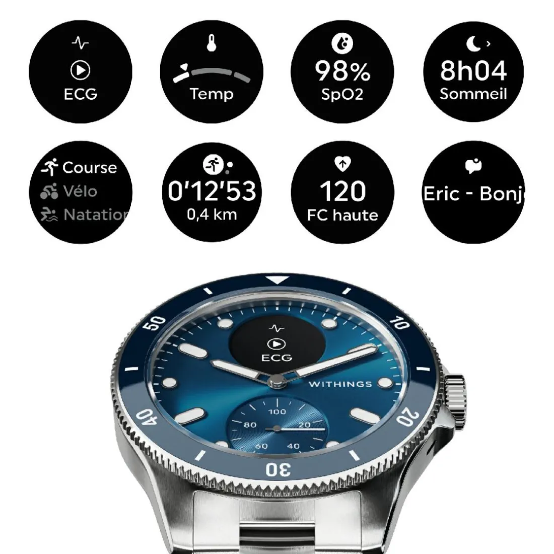Montre de Santé Connectée Homme Withings Scanwatch Nova - Wsw N Blue Bracelet Acier Argent