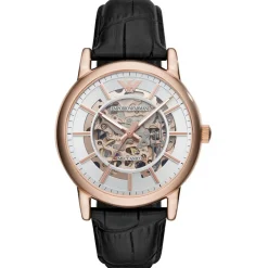 Montre Emporio Armani AR60007 - Montre Automatique Cuir Noir Boîtier Acier Doré Rose Cadran Blanc Homme