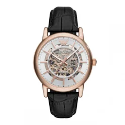 Montre Emporio Armani AR60007 - Montre Automatique Cuir Noir Boîtier Acier Doré Rose Cadran Blanc Homme