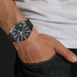 Montre homme quartz par Pascal Szerman acier noir et cuir noir