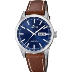 Montre Lotus L18671-3 - CLASSIQUE Dateur Boîtier Acier Argenté Bracelet Cuir Marron Cadran Bleu Homme