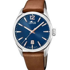 Montre Lotus L18693-2 - Dateur Boîtier Acier Argenté Bracelet Cuir Marron Cadran Bleu Homme