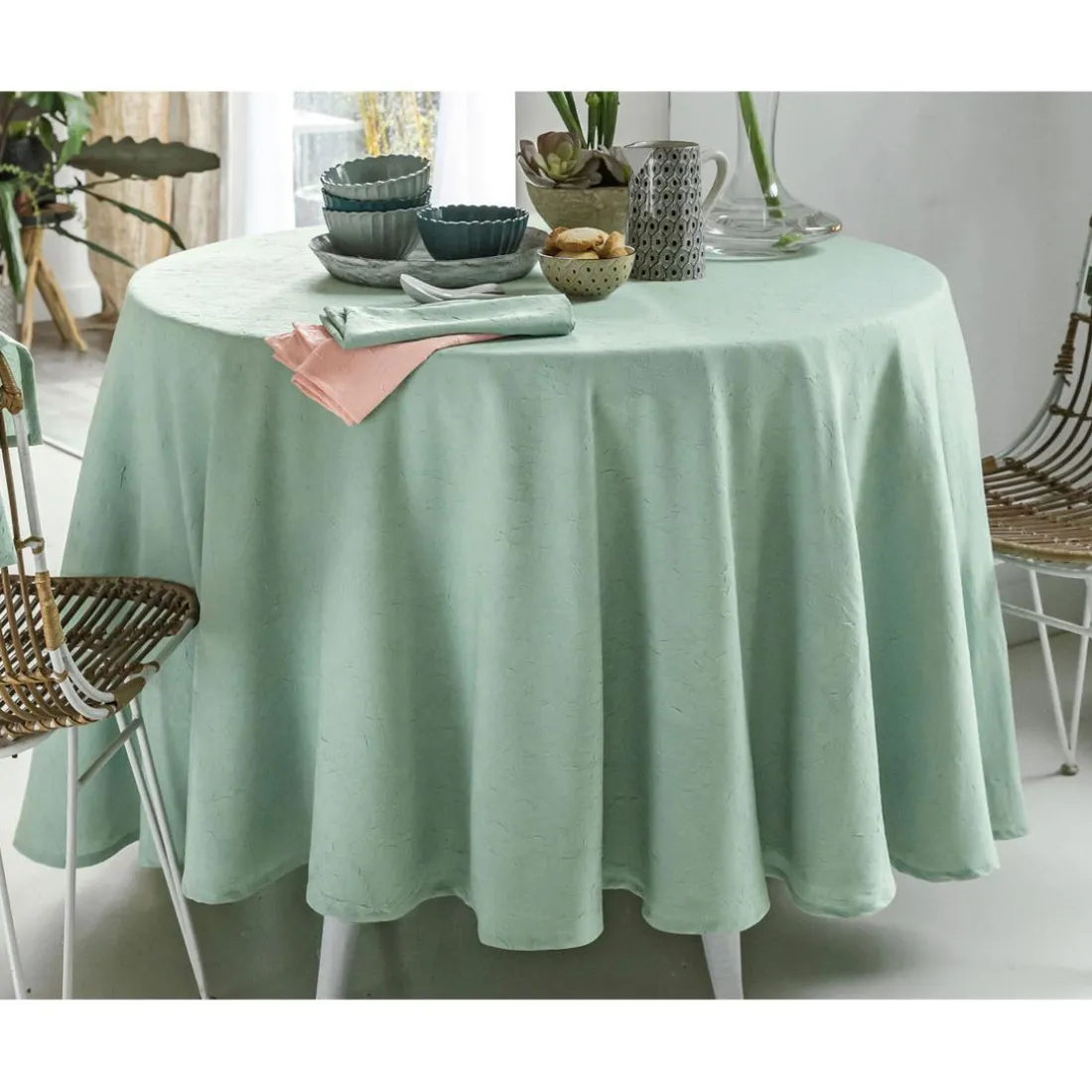 Nappe Ronde FONTANA Polyester Froissé Vert