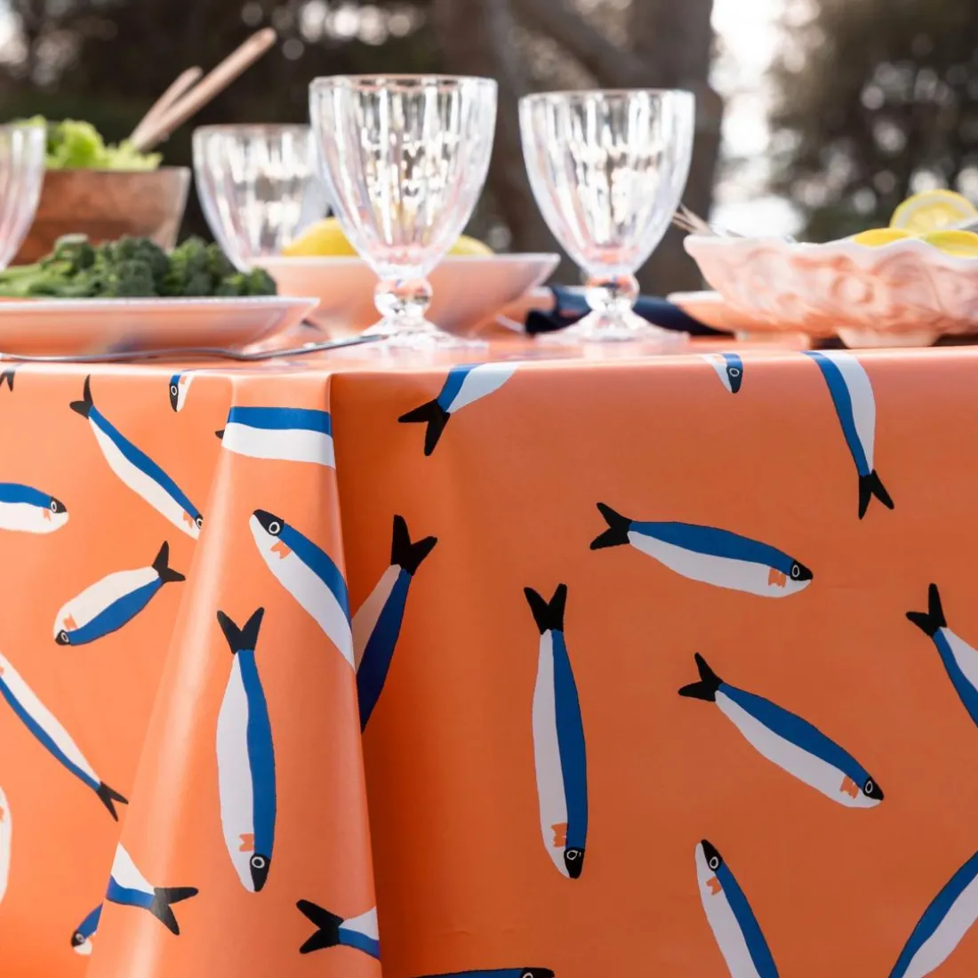 Nappe toile cirée rond SARDINHA D140cm corail