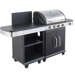Pack Barbecue gaz FIDGI 4 Brûleurs réchaud latéral et desserte avec Housse et Coffret 3 pièces aimantés