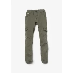 Pantalon garçon, Tobati tapered arqué kaki vert en coton