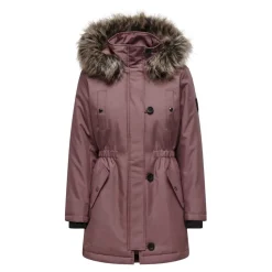 Parka long capuche avec bord en fausse fourrure détachable rose foncé Dina
