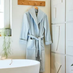 Peignoir de bain col châle intérieur éponge/extérieur velours QUIETUDE gris bleuté