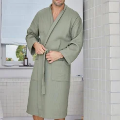 Peignoir de bain NID D'ABEILLE vert kaki en coton