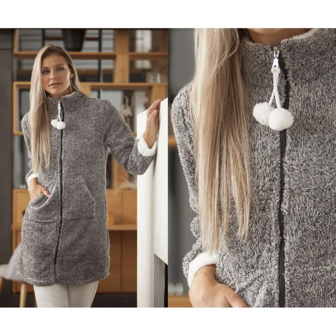 Peignoir d'intérieur uni et pompons femme-gris chiné
