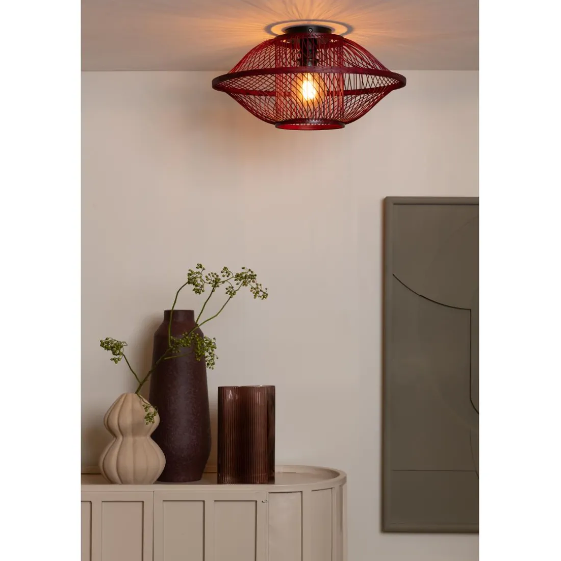 Plafonnier Maui bambou abat-jour bordeaux