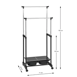Portant à vetement sur roulettes double tringle métal et plastique