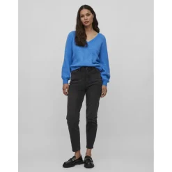 Pull col en v bleu moyen