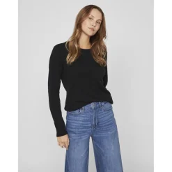 Pull col rond poignets côtelés noir en viscose