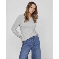 Pull col rond poignets côtelés gris en viscose