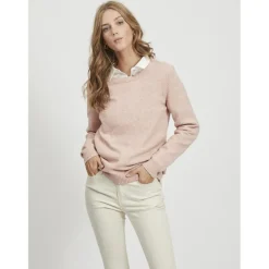 Pull col rond poignets côtelés rose en viscose Bella