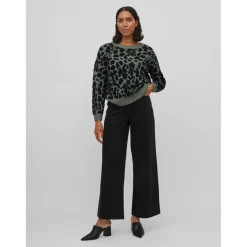 Pull col rond vert imprimé léopard en viscose